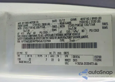 2013 Ford E-250 Commercial from USA, damaged, VIN 1FTNE2EW7DDA15769